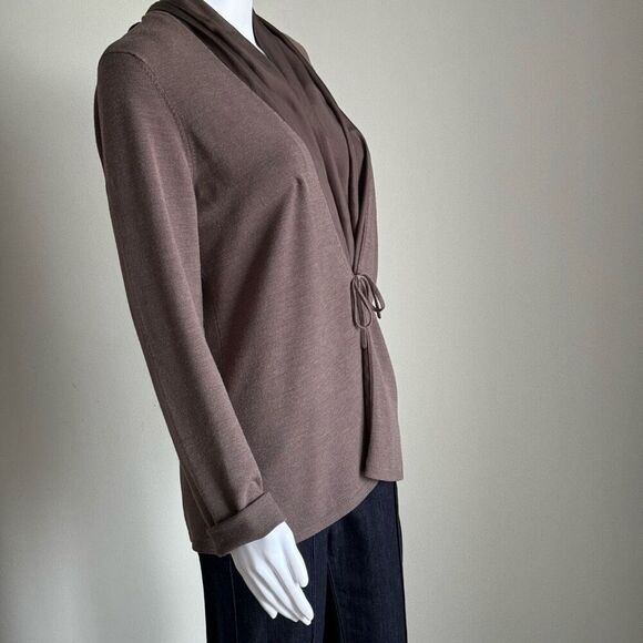 Eileen Fisher Brown Silk Trim Tie Waist Cardigan Sweater - Picture 4 of 11